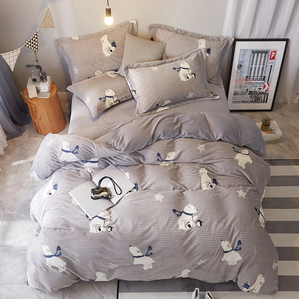 

2018 Polar Bear Grey Stripes Bedding Sets Microfiber Fleece Bedlinens Winter Thick Warm Queen King Size Duvet Cover Set