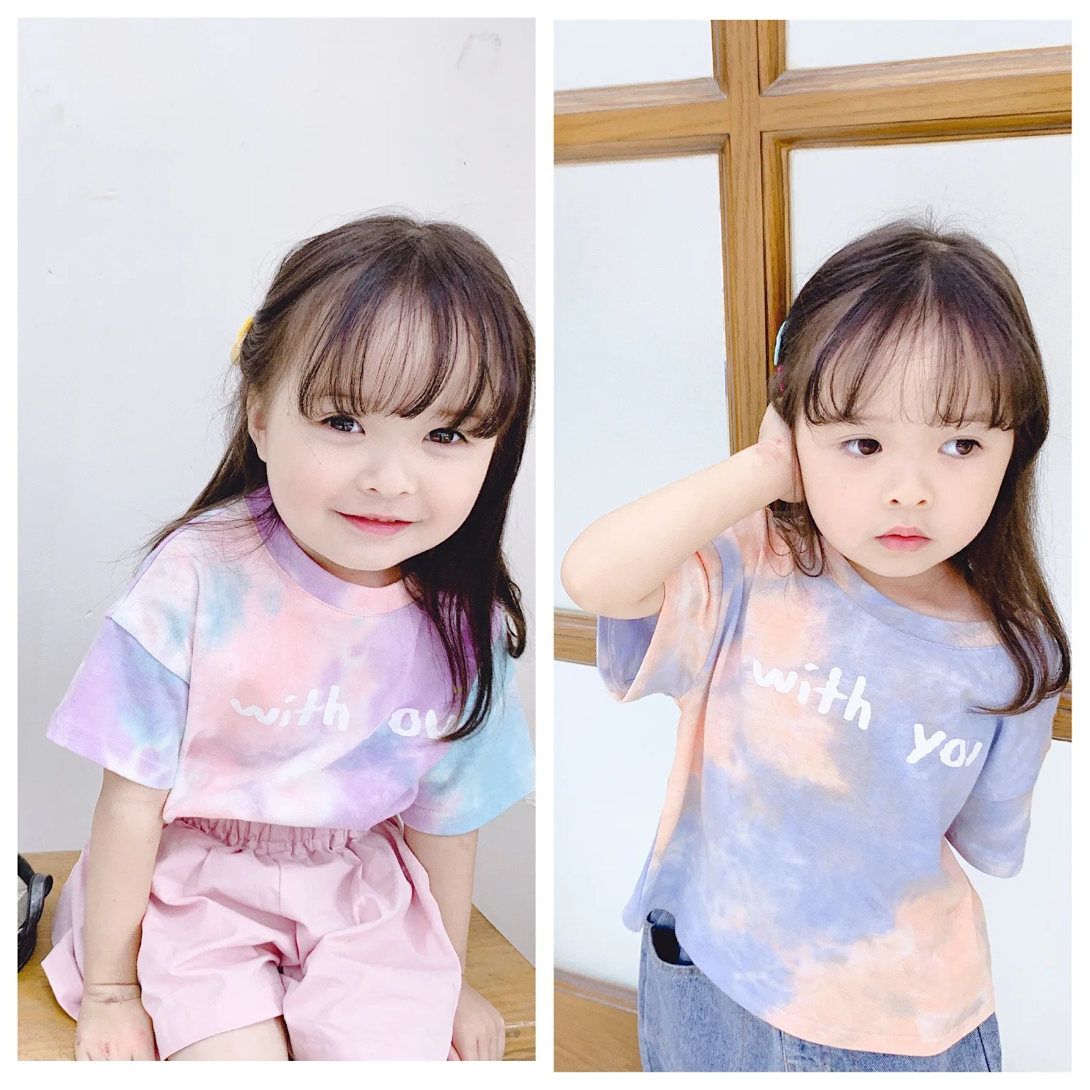 

Children New 2019 Summer Girls Cotton Short Sleeve Rainbow Dyed Top T Shirts Children Fashion with Letter Bottom Shirt Clothing