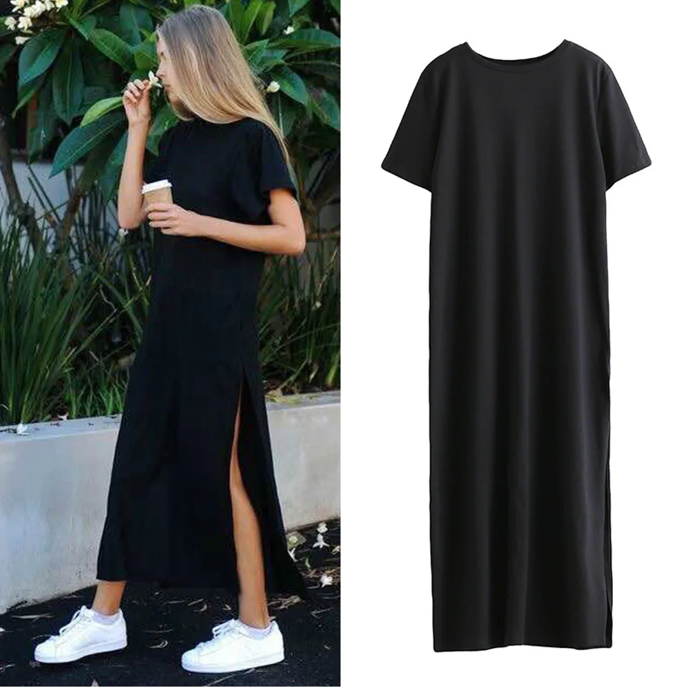 Новая Мода Новое поступление комфорт Для женщин сексуальная сторона высокий разрез черный Рубашка с короткими рукавами платье с высоким качеством горячая Распродажа для Для женщин#30