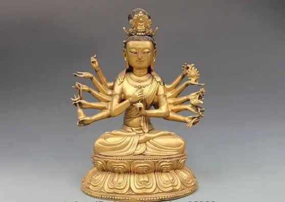 

Tibet Pure Bronze 24K Gold Twelve Arms Hand Kwan-yin Avalokitesvara Statue