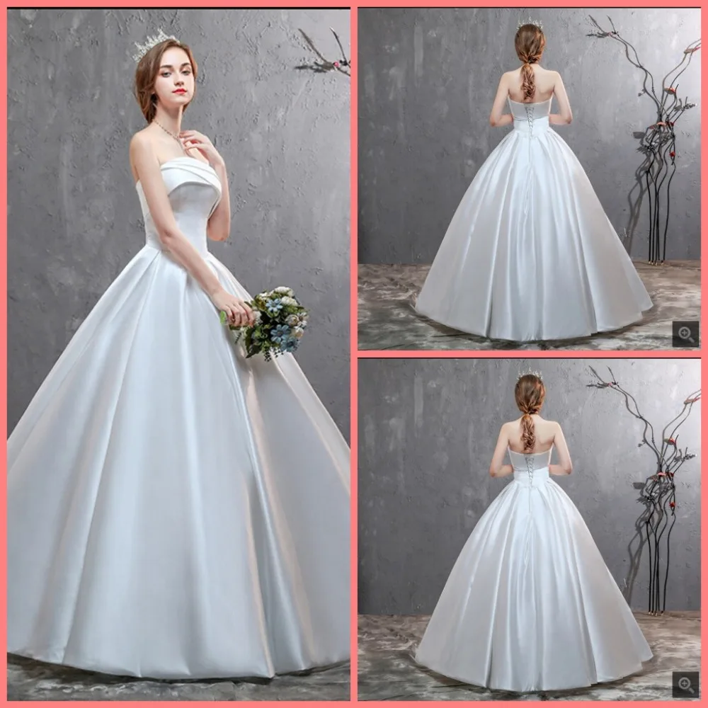 

Robe de soiree ball gown white satin princess wedding dress strapless sweetheart neck puffy elegant simple bride gowns hot sale