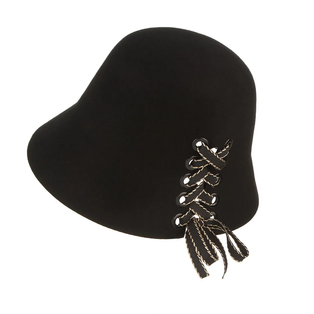 

Casual Ladies Wool Fedoras Bell Hat with Straps Adjustable Basin Cap Women Church Banquet Party Elegant Black Fedora Hats H7215