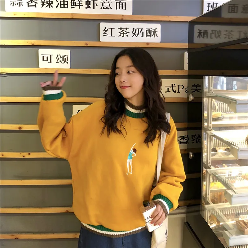 Новые корейские с вышивкой Мультяшные новые зимние с высоким воротником с длинным рукавом милые большие размеры свободные женские желтые забавные толстовки Harajuku