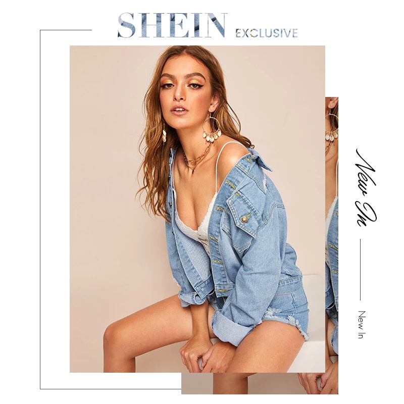 SHEIN рваные потертые джинсы с вышивкой, Женская Повседневная однобортная джинсовая куртка, синяя свободная Женская Корейская куртка