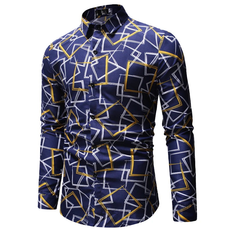 2019 стильная абстрактная клетчатая рубашка с принтом для мужчин повседневное Slim Fit s Синий Мужская классическая рубашка 3D принт Hipster уличная