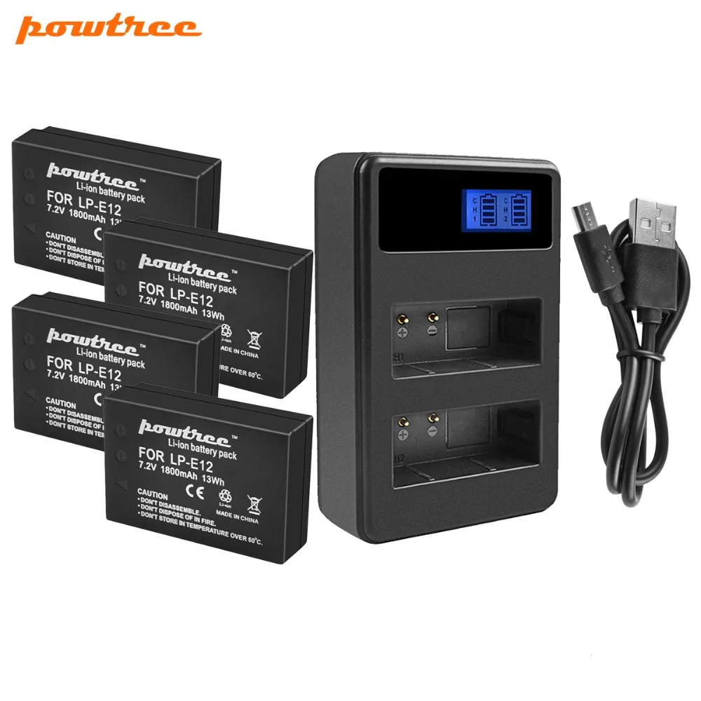 Powtree для Canon 4 шт. 1800 мАч 7 2 в LP E12 LPE12 батарея камеры AKKU + LCD USB двойное зарядное