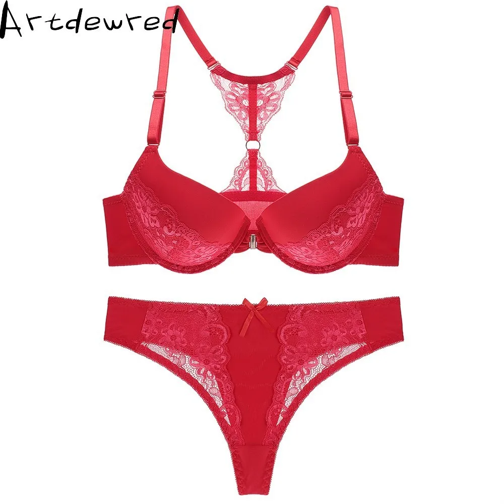 Women' Sexy Floral Lace Front Closure Underwear Y-line Straps Bra Sets Plus Size Bra and Thong Set For Lady bra and thong set