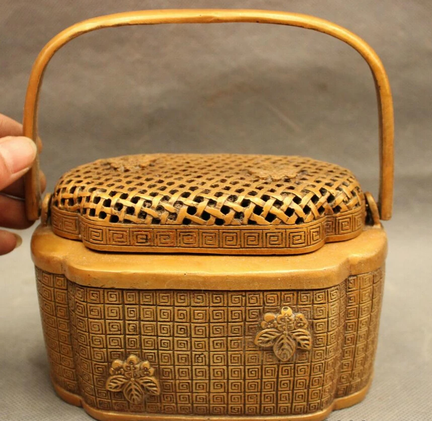 

S4408 Folk Chinese Bronze Carved Flower Leaf Statue Handle Box Incense Burner Censer D0317