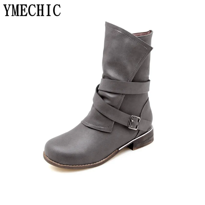 Женские Винтажные ботинки YMECHIC 2018 года с пряжкой и перекрестными ремешками серые