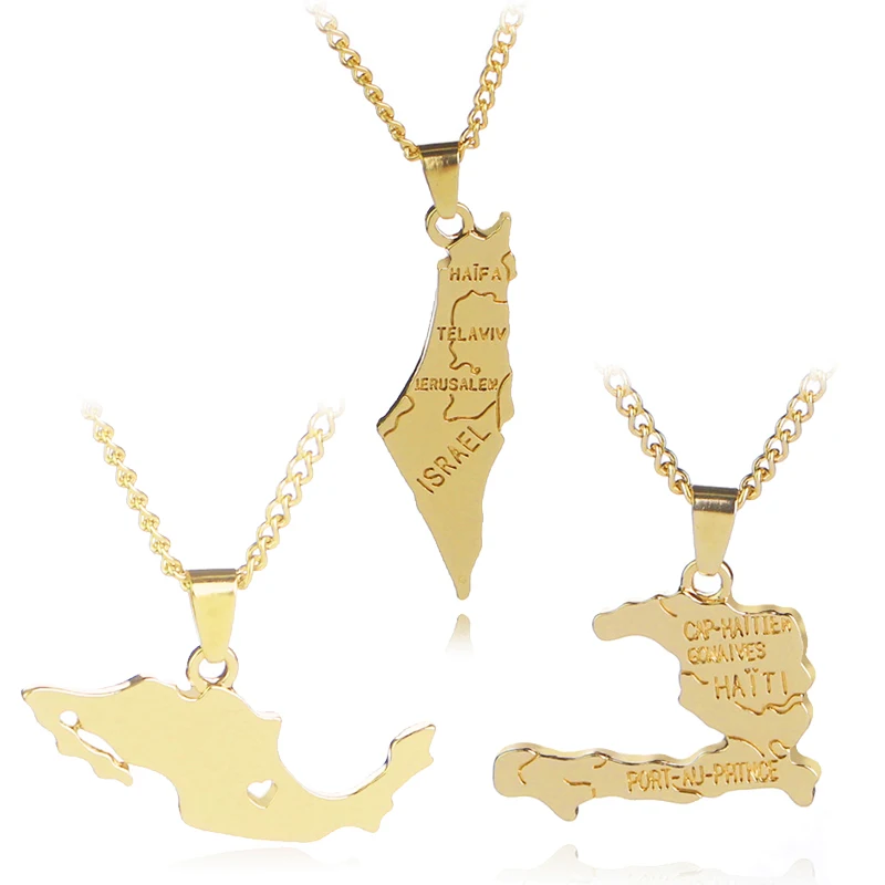 

Gold World Map Israel Peru Haiti Peru Florida Pendant Necklace Holy Land Necklace Love Country Pendant Israeli Jewelry Gifts