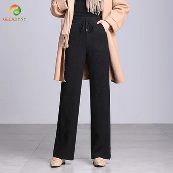 

Autumn Winter Fashion New Plus Size Women Brief Design Wool Blends Soft Touching Elegant Knitting Wide Leg Pants Female Trousers