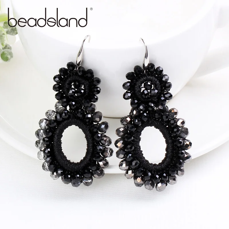 Серьги капельки Beadsland с нитью вязаные крючком стеклянные шарики двойные круглые