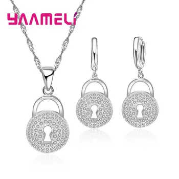 

New Fashion Genuine 925 Sterling Silver Jewelry Sets for Women Cubic Zircon Paved Lock Shape Pendant Necklace Earrings