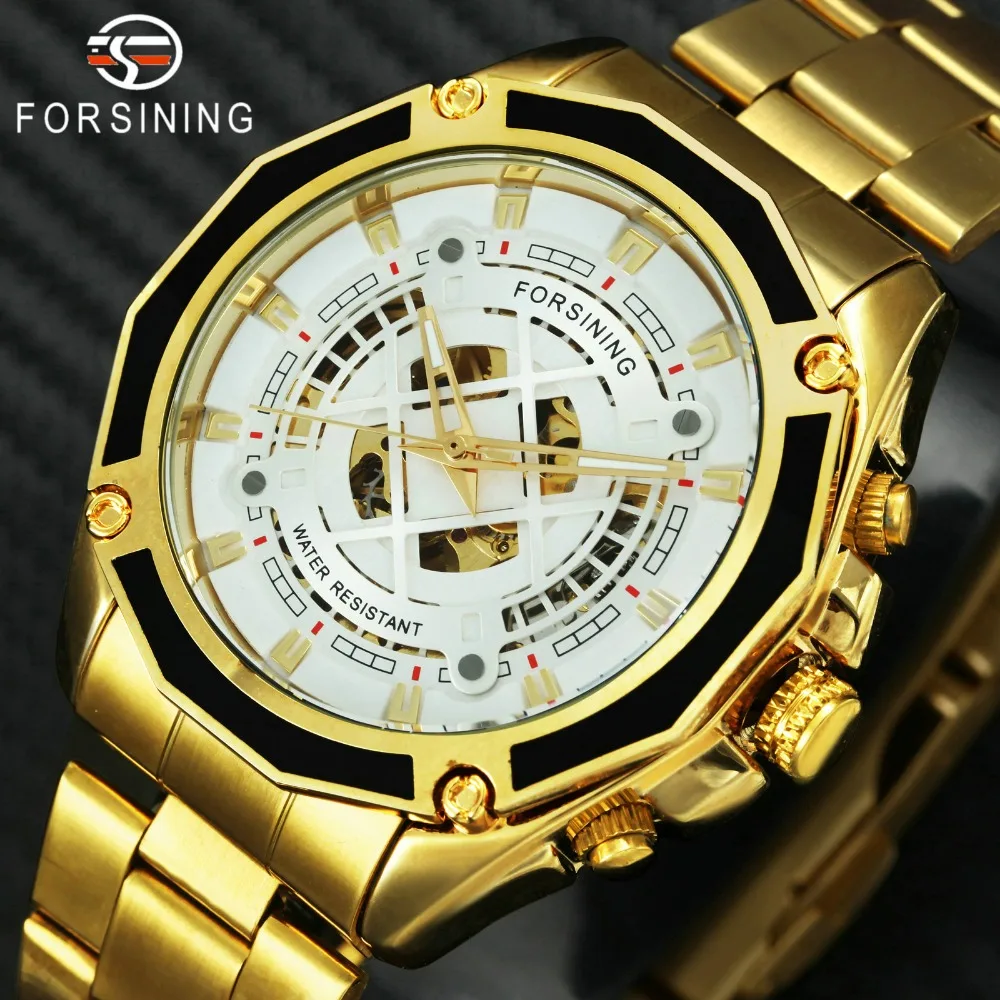 

FORSINING Top Brand Luxury Watch Men Golden Skeleton Automatic Mechanical Watches Fashion Stainless Steel Waterproof Wristwatch