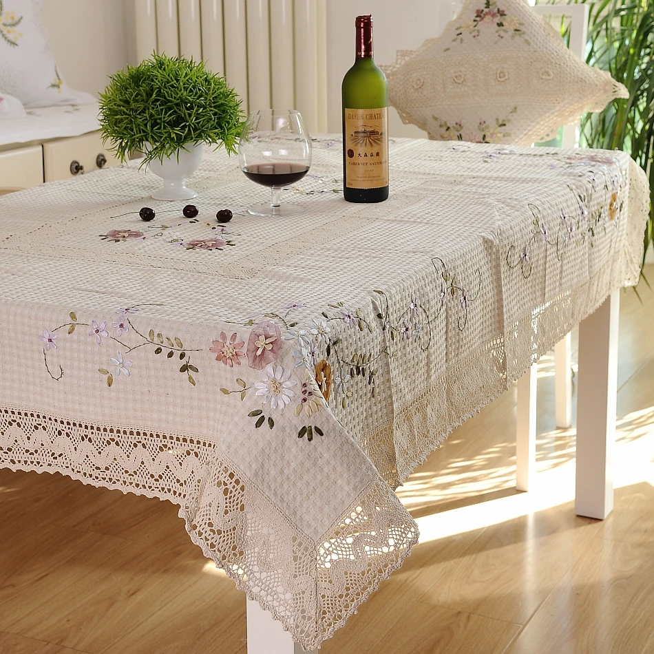 Moda rústica mesa de comedor mantel de encaje bordado cinta hechos a