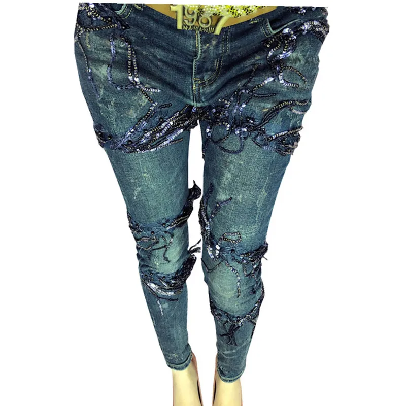 Стрейчевые обтягивающие джинсы Femme эластичные голубые джинсы женские узкие брюки узкие длинные штаны с блестками и кисточками Узкие повседневные брюки - Цвет: 3007