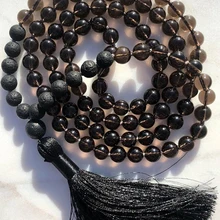 8 мм, черный камень, завязанное, японское малое ожерелье для мужчин, 108, молитвенные бусы, 8 мм, Lava& Smokey Q-uartz Mala бусы, ожерелье с черной кисточкой