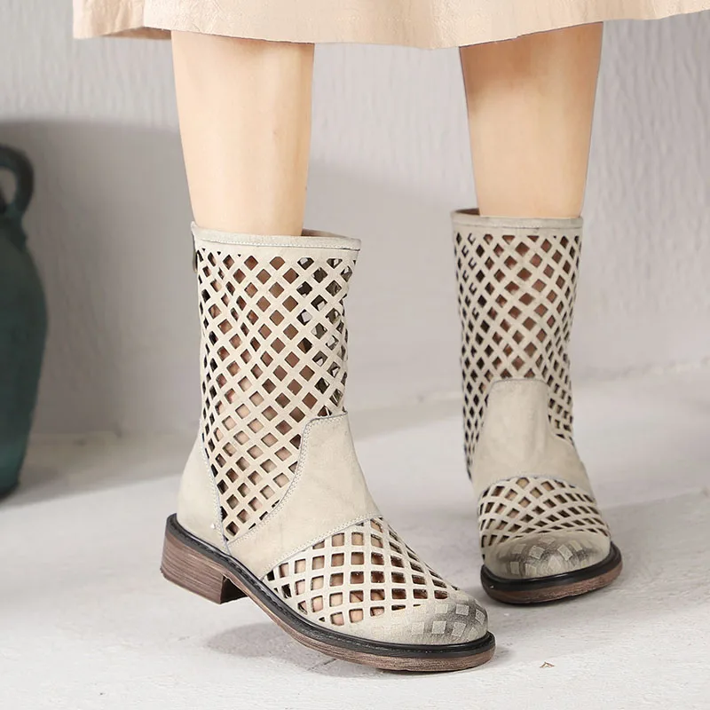 

JELLYFOND Cow Genuine Leather Summer Boots Women Flat Mid Calf Sandal Boots Handmade Holes Shoes Summer Shoes Female Botas Mujer