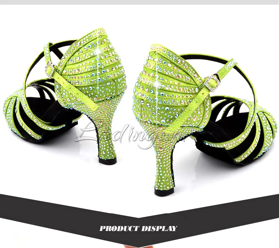 Ladingwu светильник детские зеленые атласные Туфли для латинских танцев Для женщин профессии Сальса Обувь для танцев Для женщин бальных танцев Сандалии Стразы обувь