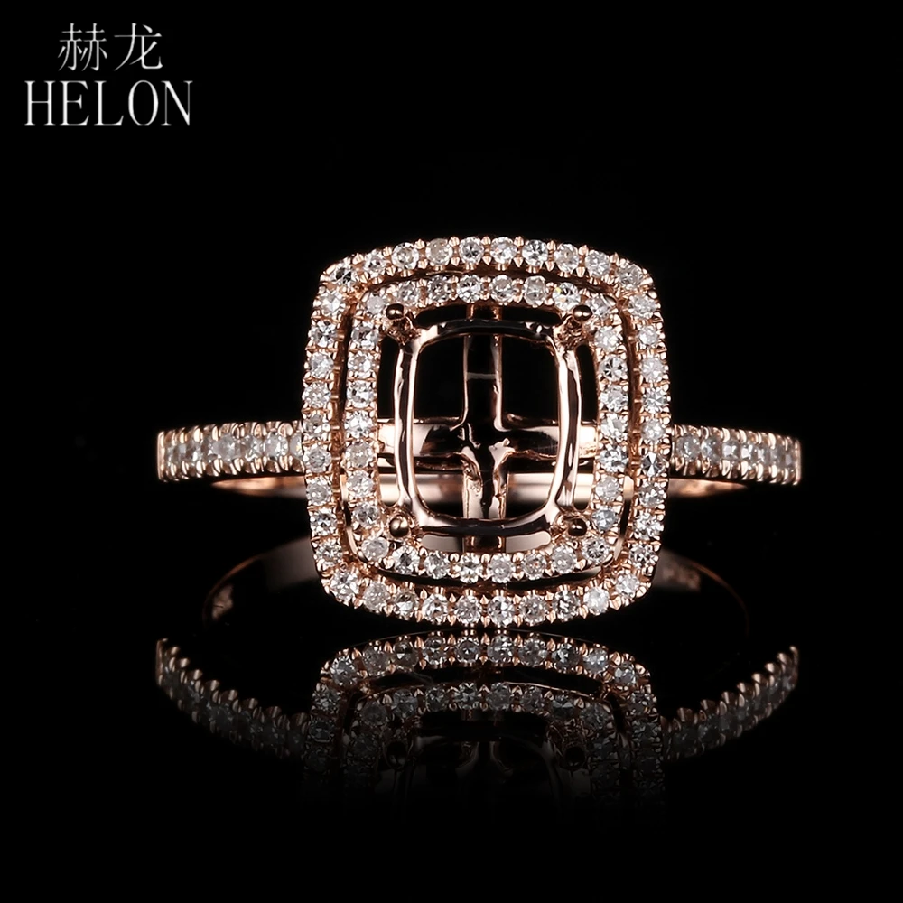 

HELON Solid 14K Rose Gold Cushion Cut 4.5x5.75mm Halo Diamond semi mount Engagement Wedding ring Women Brilliant Fine Jewelry