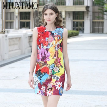 

MIUXIMAO High Quality 2019 Summer&spring Luxurious Stereo Red flower Fish Print Beading Eleghant Casual Dress Women vestido