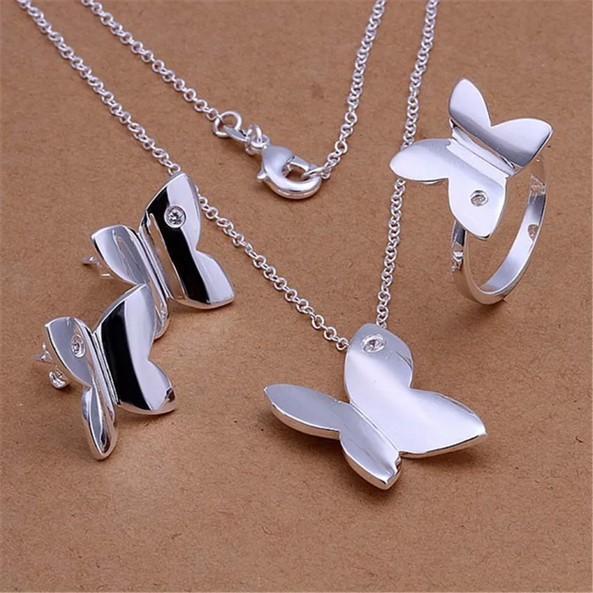 

New silver plated jewelry set fashion women glamor glossy cute butterfly pendant necklace ring Stud Earrings S347