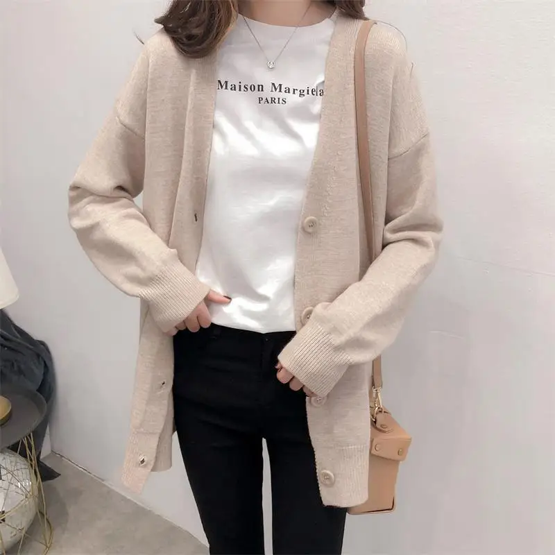 

H.SA 2019 Autumn Winter Women Sweater Cardigans Single Breasted Long Sleeve Black Knit Jumpers women winter Knit Jacket Beige