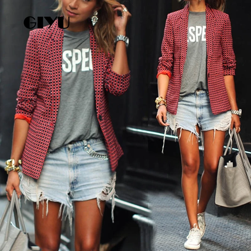 GIYU Spring Red Women Plaid Printing Blazer Long Sleeve Notched Jackets Sexy Slim Tops Casual camiseta mujer