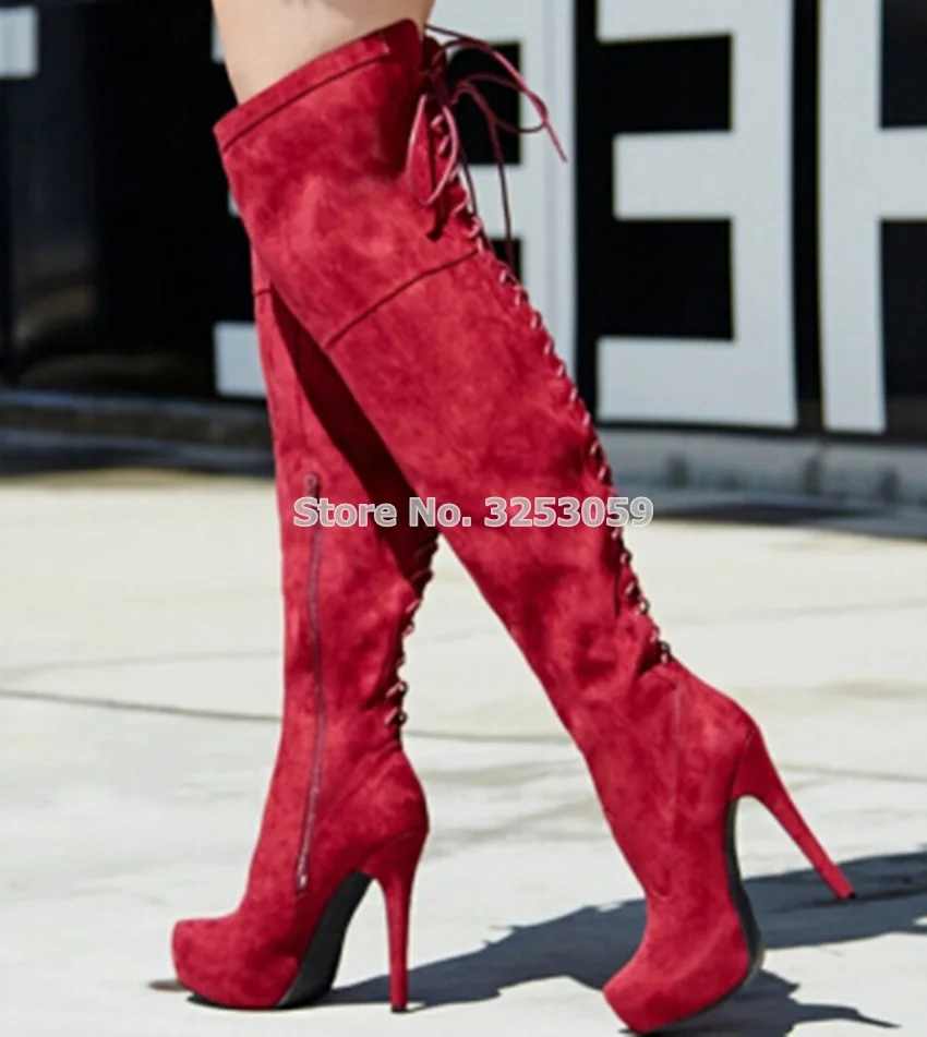 ALMUDENA/женские очаровательные красные и черные высокие сапоги на платформе высокие сапоги выше колена на шнуровке обувь для торжеств на шпильке вечерние туфли-лодочки