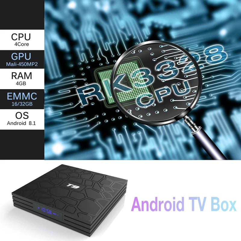 4GB 64GB Smart TV Box T9 Android 8.1 Rockchip RK3328 Quad Core USB 3.0 H.265 2.4G&5.8G Dual WIFI Bluetooth 4K 1080P Set Top Box