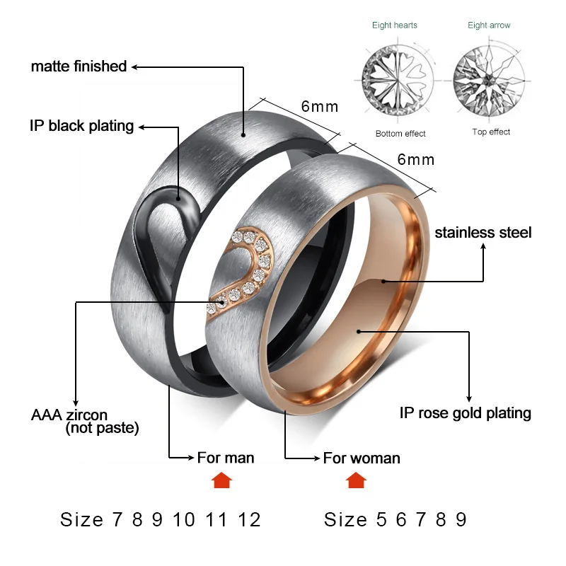 Meaeguet 1 Pair Love Heart Wedding Promise Rings Set Stainless Steel Couples Engagement Wedding Bands for Men Woman