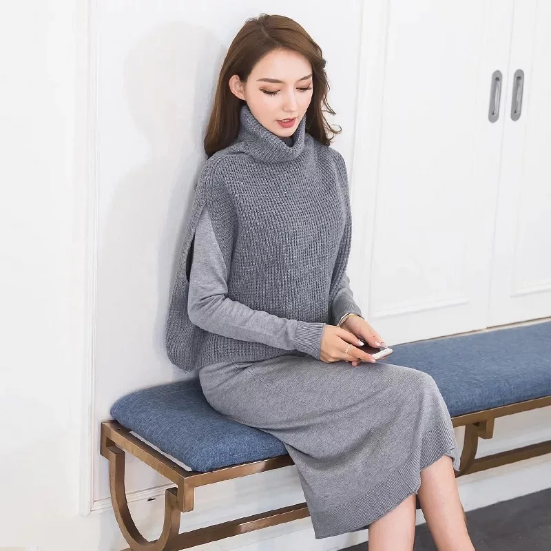 Модные женские комплекты Новое поступление осень корейский OL тонкий полный рукав сплошной цвет удобное платье и свободный свитер комплект из 2 предметов