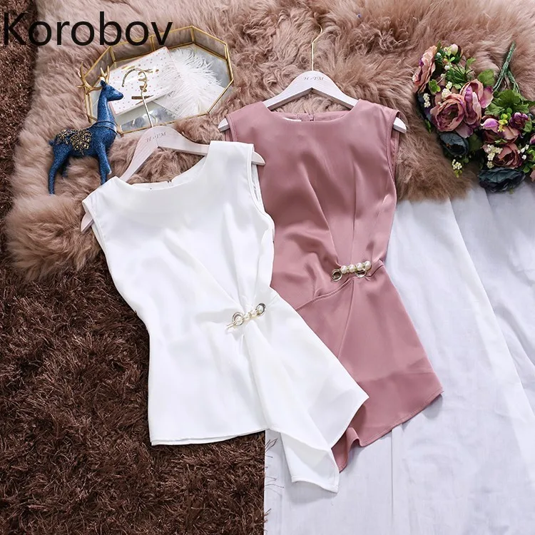 

Korobov 2020 Summer New Korean Slim Women Tank Tops O Neck Irregular Chiffon Vest Elegant Pearls Tank Top 77796