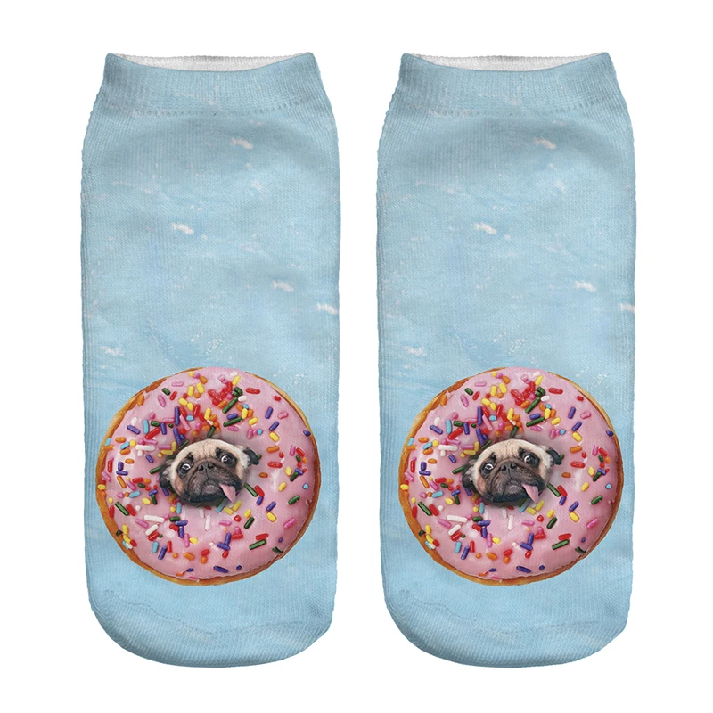 

1pair Tasty Donuts Pug Printed Short socks Women Low Cut Ankle Blue Cartoon Cotton Casual Character Sock Fashion