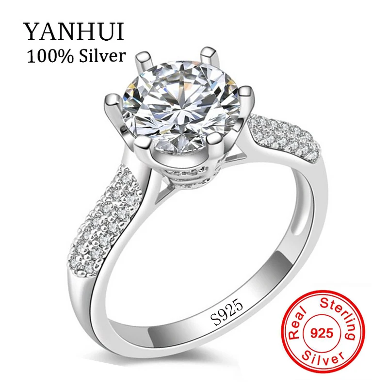 

YANHUI Real original Solid Silver Wedding Rings For Women Inlay 8mm Sona CZ Stone Cubic Zirconia Engagement Rings Jewelry R123