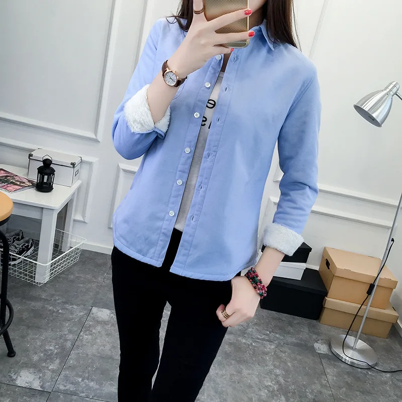 2018 New Winter Velvet Thick Warm Blouses Women Oxford Shirts Female Cotton Solid Colors Blouse Feminine Shirts Long Sleeve Tops