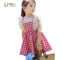 2018 Summer Little Girls Dresses Fly Sleeve Baby Clothes Princess Plaid Elastic Lace Child Kid’s Dress Kids Clothes, Blue/Red