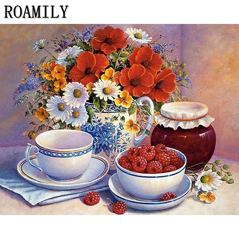 

ROAMILY,5D Diy Diamond Painting,Fruit Flower on the Desk,Embroidered With Rhinestones,Square/Round Daimond Painting,Wall Art
