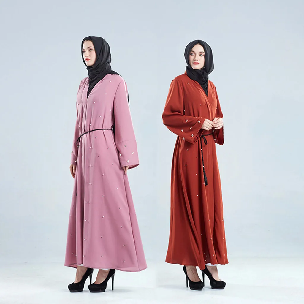 Большие размеры Vestidos2019 Абая Бангладеш стиль abaya Дубай спереди открытым жемчуг мусульманские для женщин OrganzaCocktail платье CardiganZ319