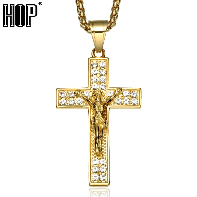 

HIP Hop Bling Ice Out INRI Crucifix Jesus Piece Pendants & Necklaces Stainless Steel CZ Crystal Cross Necklace Christian Jewelry