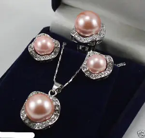 

fast shippingSet 10mm &14mm Pink South Sea Shell Pearl Earring Necklace Ring size 7 8 9