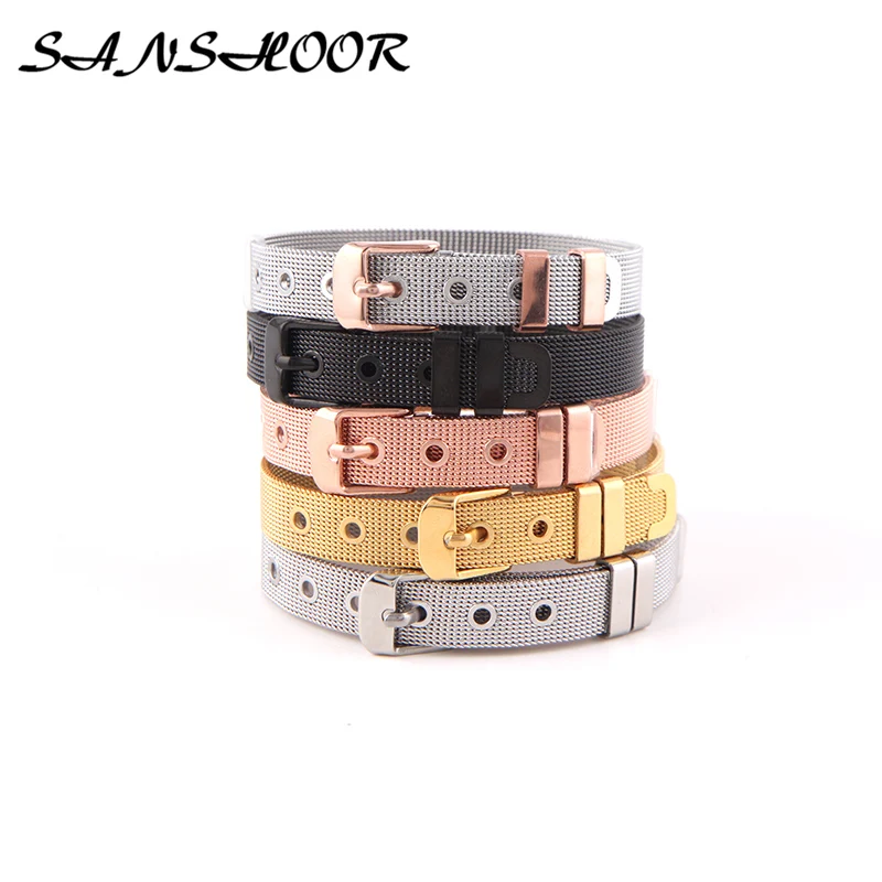 

SANSHOOR 21cm Stainless Steel Mesh Armband Bracelet Bangles Plus 2 Stoppers 5 Colors Fit Personalized Keeper Charms Design 5Pcs