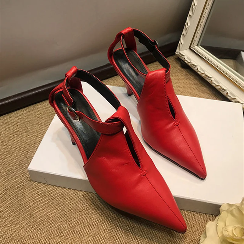 

Genuine leather retro brand banquet stiletto shallow mouth hollow diamond high heels shiny rhinestone black red sandals women