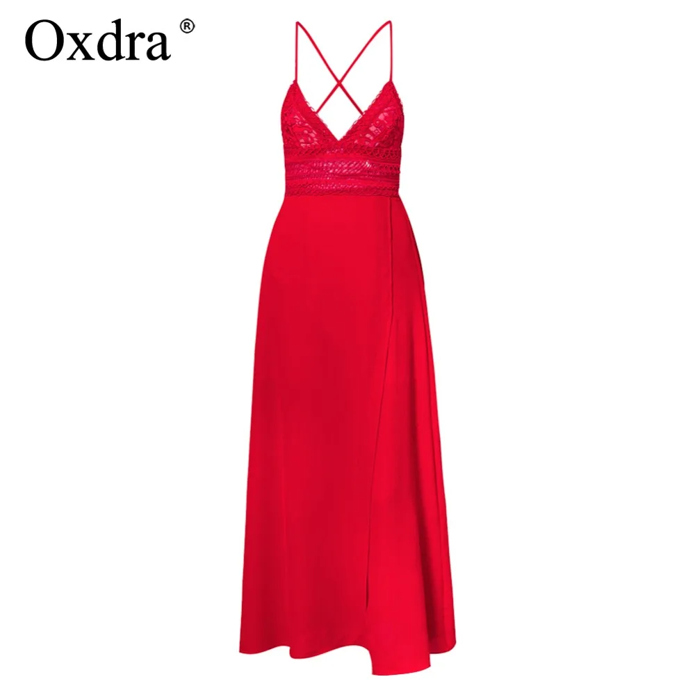 Oxdra 2018 Summer V Neck Dress Backless Lace up Sexy Ladies Ankle