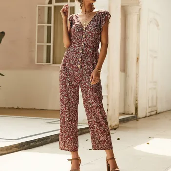 

Hot Sale 2019 Fashion Women Loose Print Floral Jumpsuits Holiday Button Bohemian Playsuit Wide Leg Pants V Neck Chiffon Rompers