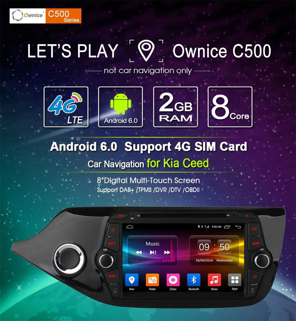 Best Ownice C500 Android 6.0 2 Din Car DVD GPS Octa Core 1024*600 for KIA CEED 2013-2015 GPS WIFI 4G Stereo Radio 2GB RAM 32GB ROM 3
