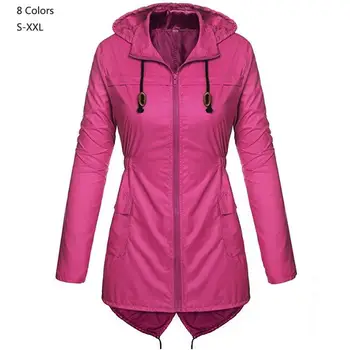 

2019 Spring Autumn Women hooded waterproof Coat Medium Long Casual zipper Coat Female Trench raincoat Fashion lady outerwear