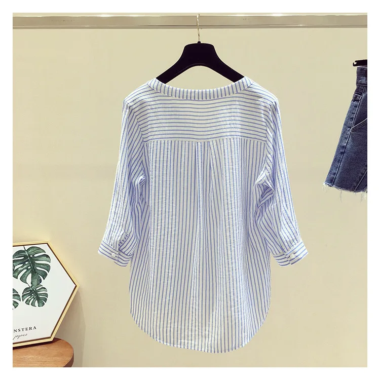 Striped Shirt Female New Summer Chiffon Loose V Collar Blouse Clothes Three Quarter Sleeved Casual Fashion Girl Top Shirts H9006 4