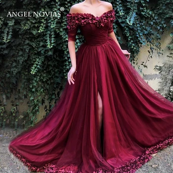 

Long Elegant Burgundy Arabic Abendkleider Evening Dress 2019 with Slit Robe De Soiree Longue 2018