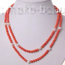Длинные 3" 5 мм Розовый Круглый Натуральный Коралл 7 мм круглый, белый жемчуг ожерелье h21 Свадебные украшения Кристалл для женщин